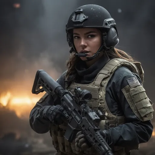 Prompt: Digital concept art, side shot, group photo of special operators, medium close up, a hot beautiful spec ops girl in multicam BDU, wearing a heavy plate carrier body armor, wearing OPS-CORE FAST tactical helmet, integrated intercom on helmet, aiming an assault rifle, aiming from shoulder, weapon aim, weapon at the ready, battle ready, night operation in a village, head facing other way, eyes looking at the buildings, cautious face, on full alert, contrast shadow, sun rays, dramatic lighting, hi res, intricate details, detailed face, detailed armor, detailed hair, detailed eyes, UHD, 8K, 85mm lens, Sony A7R, bokeh