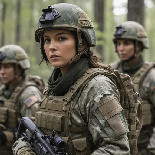 Prompt: Digital concept art, daytime, portrait, side profile, extreme close up, group photo of special operators, four soldiers in the background, a hot beautiful spec ops girl in US green woodland camo BDU, wearing heavy plate carrier body armor, wearing OPS-CORE FAST helmet, integrated headset on helmet, wearing neck scarf, brunette short hair, carrying assault rifle, weapon at the ready, walking in jungle terrains, lush jungle, head facing sideways, eyes looking at the camera, cautious face, energetic, dynamic, intricate details, detailed face, detailed armor, delicate hair, detailed eyes, contrast shadow, dramatic lighting, hi res, UHD, 8K, 85mm lens, Sony A7R, bokeh