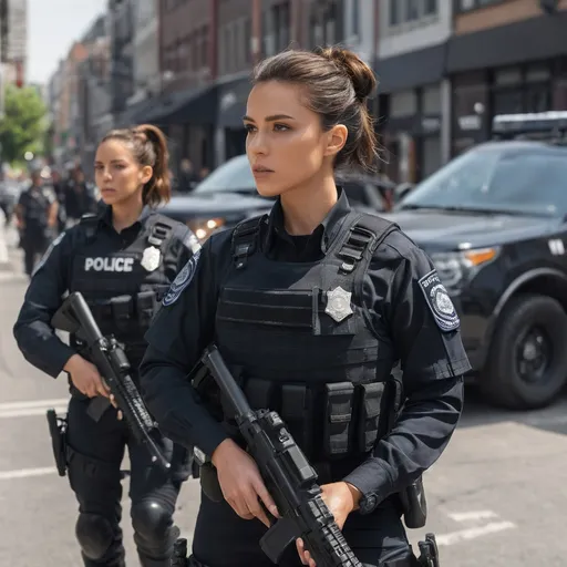 Prompt: in an urban environment, side shot, group shot of police officers, a hot beautiful police girl in black police uniform and black trousers, brunette bun, wearing light body armor, holding assault rifle, police SUV in the background, head facing sideways, cautious face, on full alert, active shooter situation, intricate details, detailed face, detailed hair, detailed eyes, contrast shadow, dramatic lighting, hi res, UHD, 8K