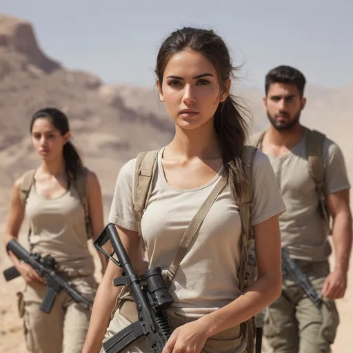 Prompt: Digital concept art, daytime, portrait, close up, group photo of freedom fighters, freedom fighters in the background, a hot beautiful middle eastern girl in plain beige casual t-shirt, wearing ammo bandoliers, brunette ponytail, carrying  assault rifle, weapon at the ready, walking in mountainous terrains in middle east, head facing sideways, eyes looking at the camera, cautious face, full alert, sun rays, intricate details, detailed face, detailed armor, delicate hair, detailed eyes, contrast shadow, dramatic lighting, hi res, UHD, 8K, 85mm lens, Sony A7R, bokeh