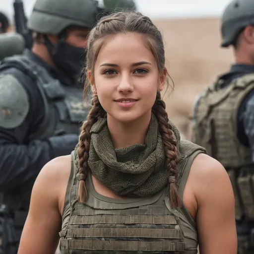 Prompt: Digital concept art, portrait shot, extreme close up, a hot beautiful mercenary girl with thick body in tank top, large chest, thick body, thick arms, wearing a heavy plate carrier body armor, shemagh neck scarf, brunette braided ponytail, inside military base, soldiers in the background, head facing other way, eyes looking at the camera, cute smile, contrast shadow, sun rays, dramatic lighting, hi res, intricate details, detailed face, detailed armor, delicate hair, detailed eyes, UHD, 8K, 85mm lens, Sony A7R, bokeh