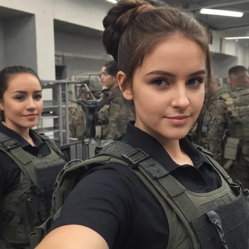 Prompt: Digital concept art, POV, selfie shot, group selfie, selfie with three soldiers, side shot, close up, a hot beautiful mercenary girl with thick body in black polo shirt, large chest, thick body, thick arms, wearing a heavy plate carrier body armor, brunette bun, inside military base, head facing other way, eyes looking at the camera, cute smile, contrast shadow, sun rays, dramatic lighting, hi res, intricate details, detailed face, detailed armor, delicate hair, detailed eyes, UHD, 8K