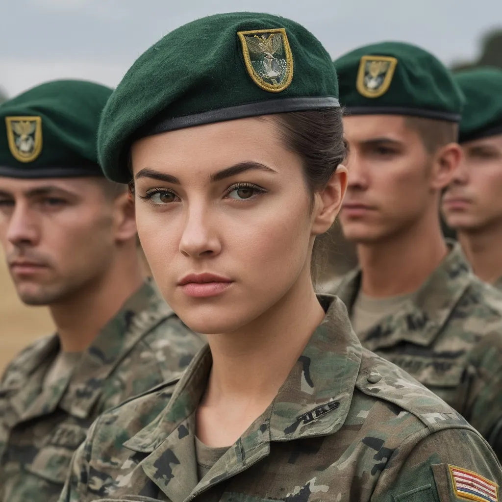 Prompt: Digital concept art, daytime, portrait, side shot, close up, US Army Green Berets, group of soldiers in background, a hot beautiful girl in US Army ACU camo uniform, wearing green beret, victory roll, short hair, inside military field, ceremony, standing at attention, head facing sideways, eyes looking at the camera, cautious face, intricate details, detailed face, detailed armor, delicate hair, detailed eyes, contrast shadow, dramatic lighting, hi res, UHD, 8K, 85mm lens, Sony A7R, bokeh