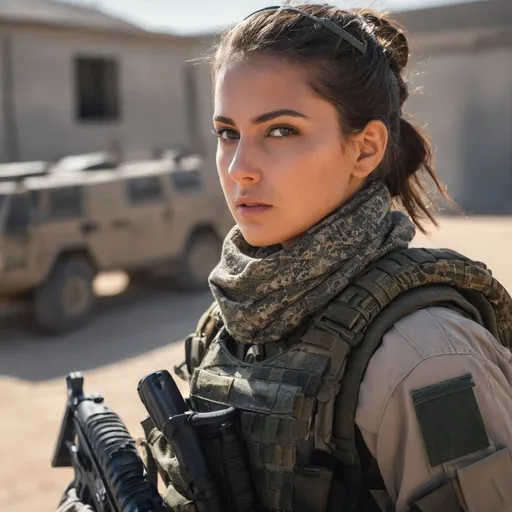 Prompt: Digital concept art, portrait shot, extreme close up, a hot beautiful mercenary girl in camo BDU, wearing a heavy plate carrier body armor, shemagh neck scarf, brunette bun, carrying an assault rifle, weapon at the ready, battle ready, inside military base, cautious face, head facing other way, eyes looking at the camera, contrast shadow, sun rays, dramatic lighting, hi res, UHD, 8K, 85mm lens, Sony A7R, bokeh