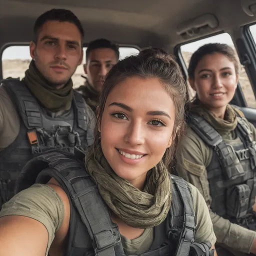 Prompt: Digital concept art, POV, selfie shot, group selfie, selfie with three soldiers in the back seat, extreme close up, a hot beautiful mercenary girl with thick body in tank top, large chest, wearing a heavy plate carrier body armor, shemagh neck scarf, brunette bun, sitting inside SUV, head facing other way, eyes looking at the camera, cute smile, energetic, contrast shadow, sun rays, dramatic lighting, hi res, intricate details, detailed face, detailed armor, intricate hair, detailed eyes, UHD, 8K