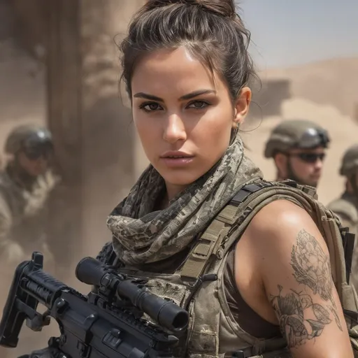 Prompt: Digital concept art, portrait, group photo of special operators, soldiers in the background, extreme close up, upper body shot, a hot beautiful spec ops girl with toned body in tank top, wearing a heavy plate carrier body armor, shemagh neck scarf, a tattoo, brunette bun, aiming an assault rifle, aiming from shoulder, weapon aim, weapon at the ready, battle ready, patrolling inside a village, head facing other way, eyes looking at camera, cautious face, on full alert, dynamic, energetic, contrast shadow, dramatic lighting, sun rays, hi res, intricate details, detailed face, detailed armor, detailed hair, detailed eyes, UHD, 8K, 85mm lens, Sony A7R, bokeh