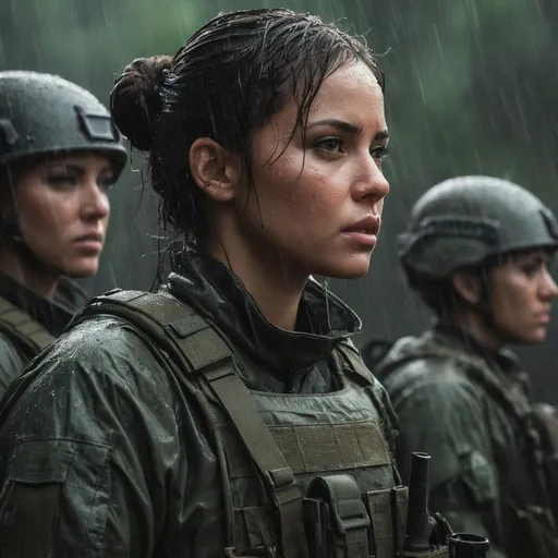 Prompt: Digital concept art, heavy rain, portrait, extreme close up, side shot, group photo of special operators, upper body shot, three soldiers in the background, a hot beautiful spec ops girl in dark green BDU, wearing heavy plate carrier body armor, brunette bun, inside a jungle, heavy rain, wet skins, wet hair, dripping wet, head facing sideways, eyes looking at the trees, cautious face, full alert, depressing ambience, cloudy skies, intricate details, detailed face, detailed armor, delicate hair, detailed eyes, contrast shadow, dramatic lighting, hi res, UHD, 8K, 85mm lens, Sony A7R, bokeh