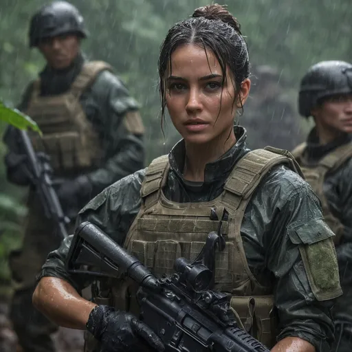 Prompt: Digital concept art, heavy rain, portrait, extreme close up, group photo of special operators, upper body shot, soldiers in the background, a hot beautiful spec ops girl in dark green BDU, wearing heavy plate carrier body armor, brunette bun, carrying an assault rifle, weapon at the ready, inside a jungle, heavy rain, wet skins, wet hair, dripping wet, cautious face, full alert, depressing ambience, cloudy skies, intricate details, detailed face, detailed armor, delicate hair, detailed eyes, contrast shadow, dramatic lighting, hi res, UHD, 8K, 85mm lens, Sony A7R, bokeh