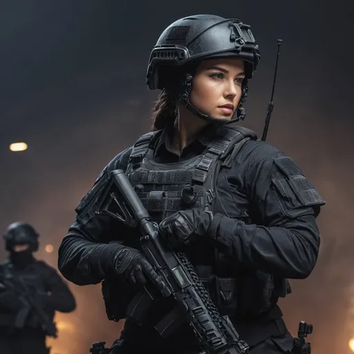 Prompt: Digital concept art, side shot, group photo of special operators, soldiers in the background, medium shot, a hot beautiful spec ops girl in black BDU, wearing a heavy plate carrier body armor, wearing OPS-CORE FAST tactical helmet, integrated intercom on helmet, aiming an assault rifle, aiming from shoulder, weapon aim, weapon at the ready, battle ready, night time, night operation, dark surroundings, pitch dark, head facing other way, eyes looking sideways, cautious face, on full alert, contrast shadow, sun rays, dramatic lighting, hi res, intricate details, detailed face, detailed armor, detailed hair, detailed eyes, UHD, 8K, 85mm lens, Sony A7R, bokeh