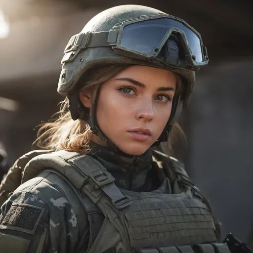 Prompt: Digital concept art, portrait shot, close up, a hot beautiful mercenary girl in camo BDU, wearing a heavy plate carrier body armor, wearing Ops-Core FAST helmet, carrying an assault rifle, weapon at the ready, battle ready, inside military base, cautious face, head facing other way, eyes looking at the camera, contrast shadow, sun rays, dramatic lighting, hi res, UHD, 8K, 85mm lens, Sony A7R, bokeh