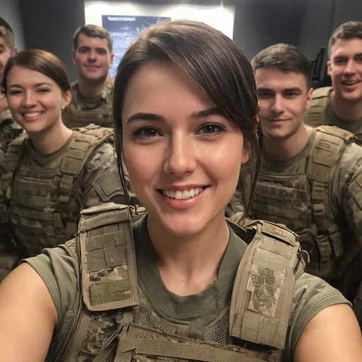 Prompt: Digital concept art, POV, taking a selfie pose, group selfie, side shot, group selfie of soldiers, extreme close up, a hot beautiful spec ops girl in multicam BDU, wearing a heavy plate carrier body armor, brunette short hair, cute smile, inside military operation room, contrast shadow, dramatic lighting, sun rays, hi res, intricate details, detailed face, detailed armor, detailed hair, detailed eyes, UHD, 8K, iphone 15