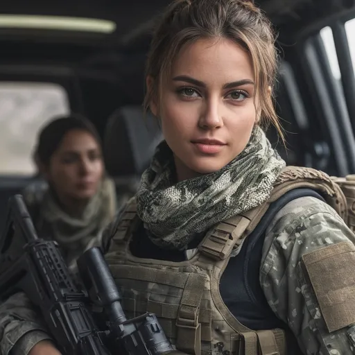 Prompt: Digital concept art, portrait shot, extreme close up, a hot beautiful mercenary girl in camo BDU, wearing a heavy plate carrier body armor, shemagh neck scarf, brunette bun, clear eye protection, carrying an assault rifle, weapon at the ready, battle ready, inside black SUV, smiling, head facing other way, eyes looking at the camera, contrast shadow, sun rays, dramatic lighting, hi res, UHD, 8K, 85mm lens, Sony A7R, bokeh