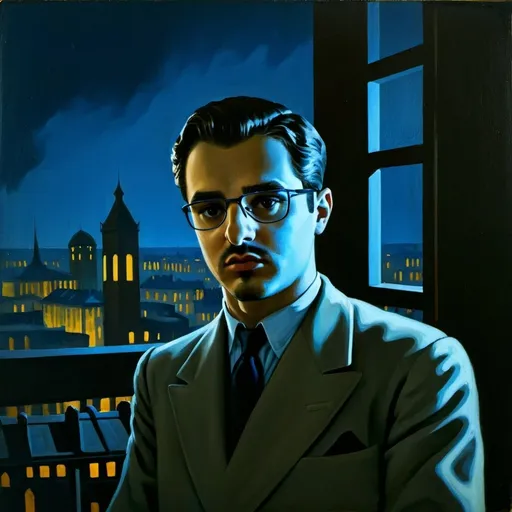 Prompt: Dark Silhouette of a  Man on a balcony that overlooks a cityscape bathed in blue light 1930s oil painting