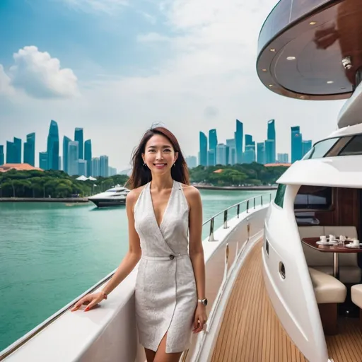 Prompt: Woman on a super yacht in Sentosa Singapore with singapore city landmarks on the background 