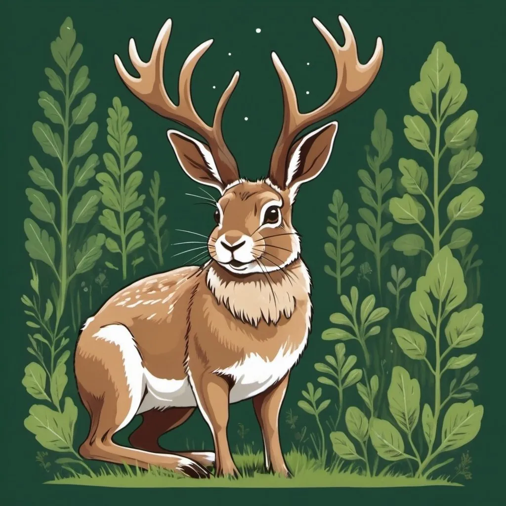 Prompt: Illustrated T-shirt design of flat small jackalope, greens and browns, looks like a park poster