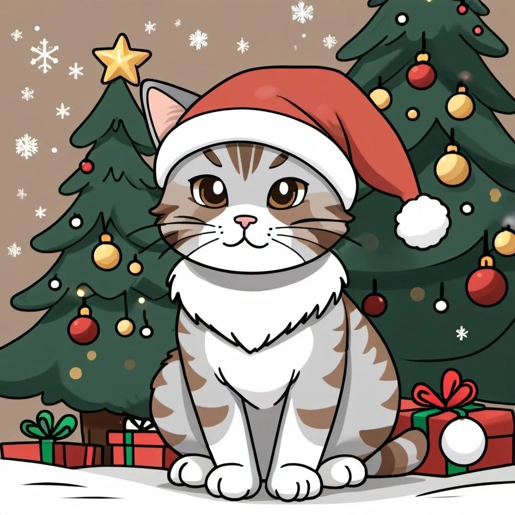 Prompt: chibi color doodle of grey and brown tabby cat at christmas