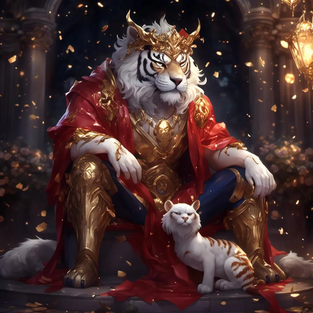 Prompt: <mymodel> Grief Korean king, Dark background, depressed, Without showing faces, red and gold outfit, knock downed to the floor, with two blue ethereal tigers