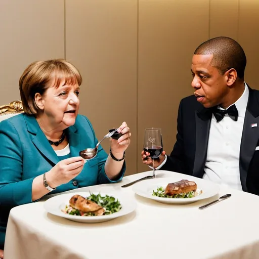 Prompt: angela merkel eating dinner with jay z