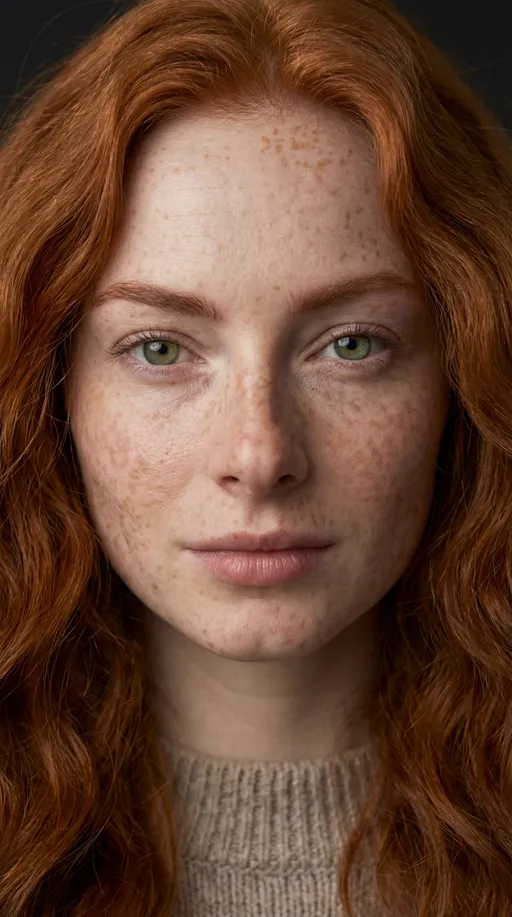 Prompt: Ultra-realistic studio portrait of [MY AVATAR], female, natural skin texture with visible freckles and pores, no retouching, realistic imperfections.

Camera & framing:
Shot on a full-frame DSLR, 85mm prime lens, aperture f/1.8, ISO 100, shutter 1/160.
Extreme close-up portrait, face filling 85–90% of the frame, perfectly centered, eyes aligned on the horizontal center line. Camera positioned at eye level, distance approx. 60–70 cm from subject.

Lighting:
Soft directional window light from camera-left, diffused with sheer curtain.
Subtle shadow falloff on camera-right side of the face, gentle contrast, no harsh shadows.
Natural skin highlights on forehead, nose bridge, cheekbones.
Background remains darker by 1–1.5 stops for depth separation.

Mood & expression:
Calm, confident, neutral expression, direct eye contact with the camera.
No smile, relaxed lips, emotionally grounded presence.

Details & realism:
Sharp focus on eyes, visible eyelashes and iris texture.
Fine baby hairs around the hairline visible.
Slight natural under-eye shadows.
Skin shows real micro-texture, freckles, and tonal variation.

Styling:
Minimal makeup (bare skin look). Hair falling along both sides of the face, softly framing the cheeks and jawline.
Hair texture is realistic with subtle flyaways and natural volume, not overly styled.
Waves are soft and organic, slightly imperfect, creating depth and movement.
Hair color natural with gentle tonal variation and light catching on individual strands.
Neutral knitted sweater, soft fabric texture visible.

Color & finish:
Natural color grading, soft contrast, muted earthy tones.
Editorial skincare photography aesthetic, cinematic realism.

No product, no text, no logos, no props.
Background clean, studio-like, subtle vignette.


