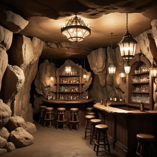 Prompt: photorealistic picture of an interior cave room with irregular rock walls and stalactites, wood shoring holding the rocks back, in the style of a 1880’s mine, and a fancy wooden victorian era bar and chandelier, with mining lantern lights.