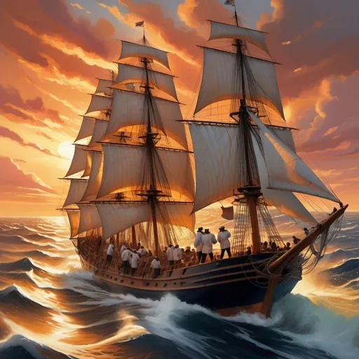 Prompt: Sailors celebrating the discovery of the New World at sunset, (expressive facial features), pride and joy radiating from their smiles, dynamic poses demonstrating camaraderie, rugged sailing ship on turbulent waters, mesmerizing warm sunset hues reflecting off the ocean, detailed sails billowing in the wind, (high-quality, ultra-detailed), capturing an exhilarating moment of triumph and adventure in a historic context.