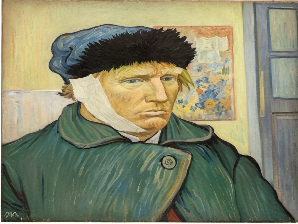 Prompt: portrait of donald trump in the style and manner of Van Gogh's self portrait with ear fully covered with a bandage. Hair should be orange