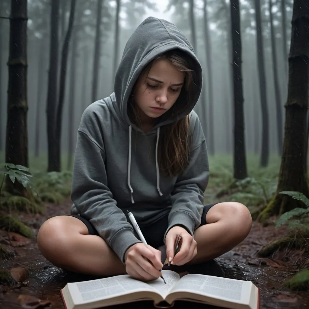 Prompt: Sad 15

-year-old girl writing in a book in a rainy forest, wearing a hoodie, moody atmosphere, high quality, realistic, rainy, forest, book, writing, introspective, detailed facial expression, solitude, emotional, atmospheric lighting facing forward on the ground also she has to be wearing black leggings  not ripped and a grey hoodie
and make her look gorgoues

