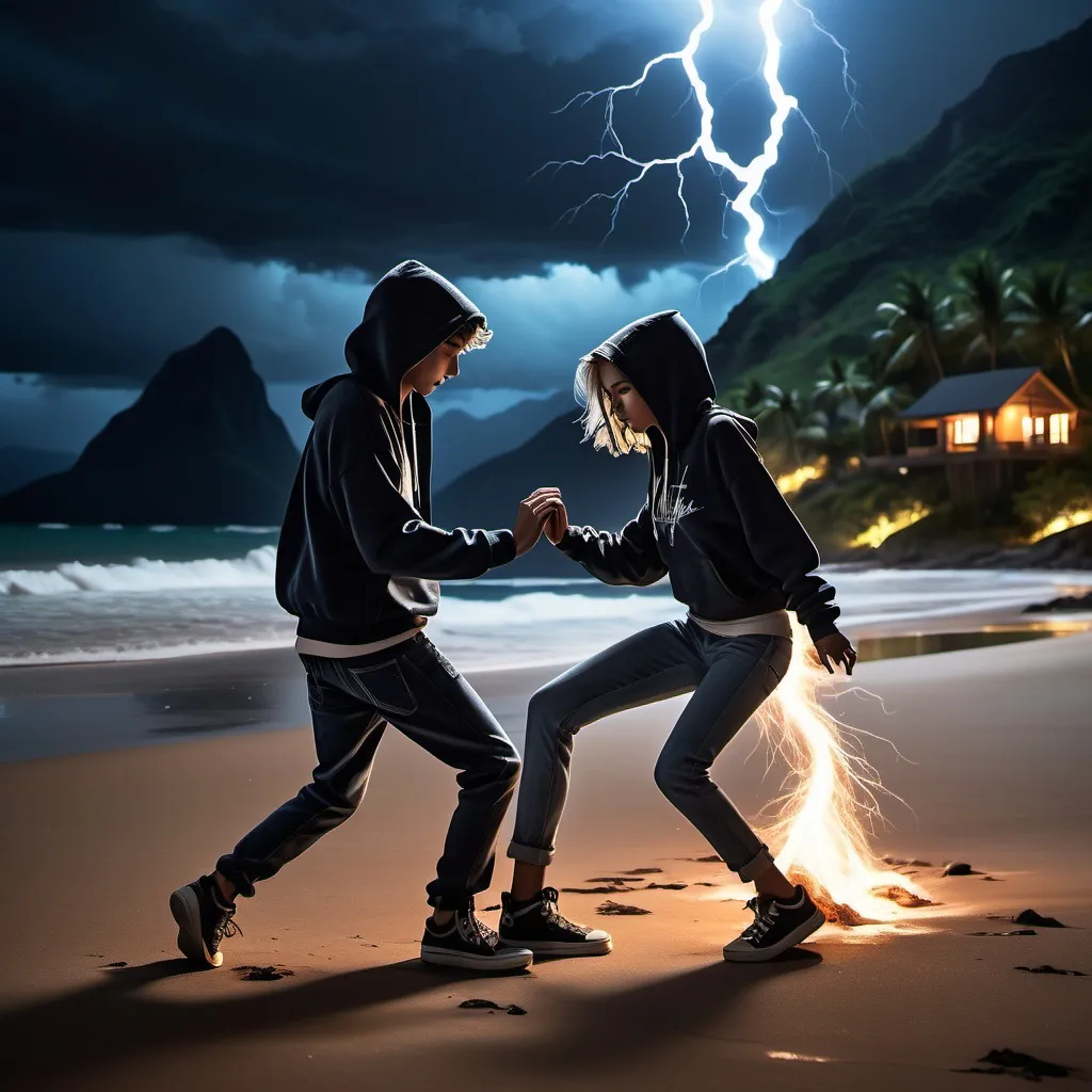 Prompt: Two teens (boy wears a hoodie and a jean, girl wears the same with black sneakers)  dancing (sensually) at night, on a beach of an exotic island, (cool-toned) rain cascading around them, with shadows from the dark mountains looming in the background, illuminated by the crackling warmth of a woodfire. (Thunder and lightning) creating an electric atmosphere, while an audience surrounds them, captivated. (High quality, ultra-detailed) atmosphere filled with emotion and movement.