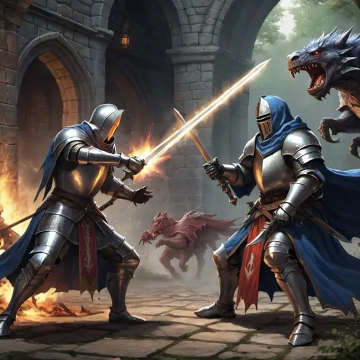 Prompt: there are middle age knight, mage fighting vs monsters on right
"There are middle-aged knights and mages fighting against monsters on the right."