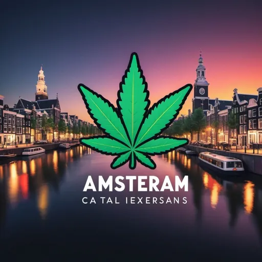 Prompt: (online weed focused travel company logo), sleek and modern design, vibrant colors, eye-catching imagery, featuring weed coffee shops  and bars, premium experiences highlighted, inviting ambiance, Amsterdam skyline silhouette, high-quality visuals, sophisticated branding, engaging and professional layout, tailored specifically for social media, perfect for Instagram marketing, capturing the essence of Amsterdam’s culture and lifestyle, appealing to adventurous travelers.