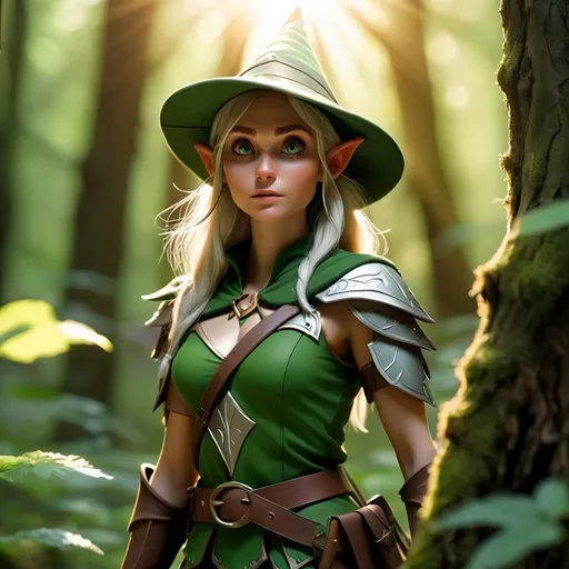 Prompt: Elf ranger in a mystical forest around sunlight