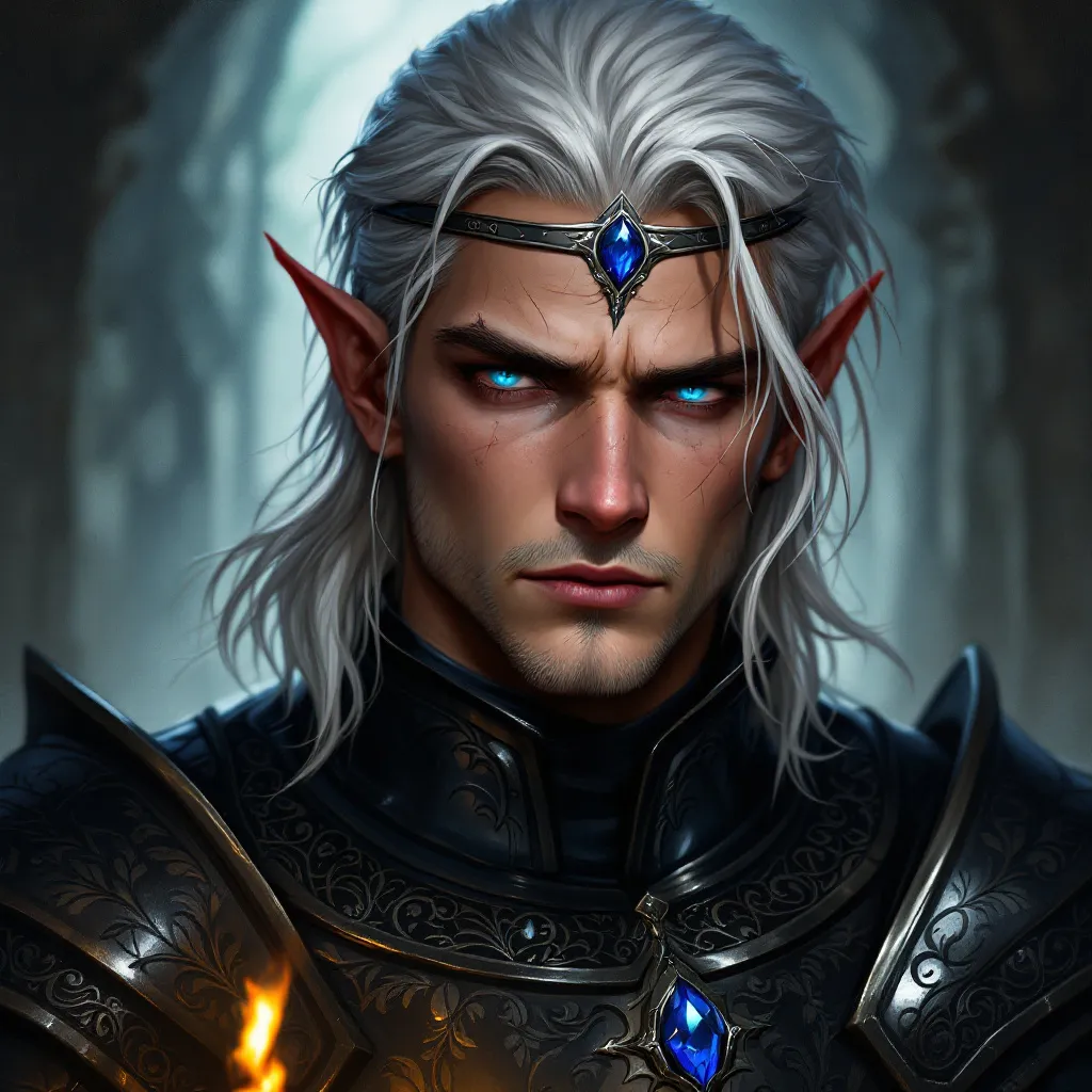 Prompt: silver haired elf male in dark armor. he is brooding with blue eyes. medieval style clothing. 