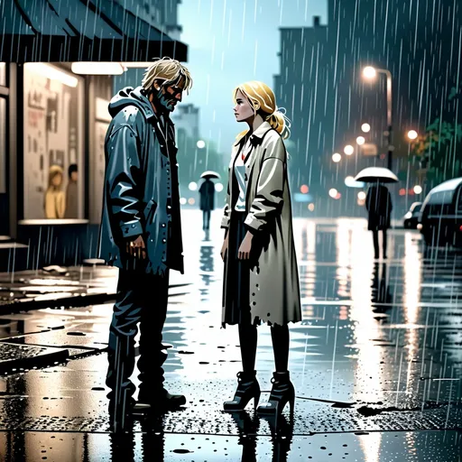 Prompt: The blonde, well-dressed lady and the homeless man in torn clothes, looking at each other in the rain.