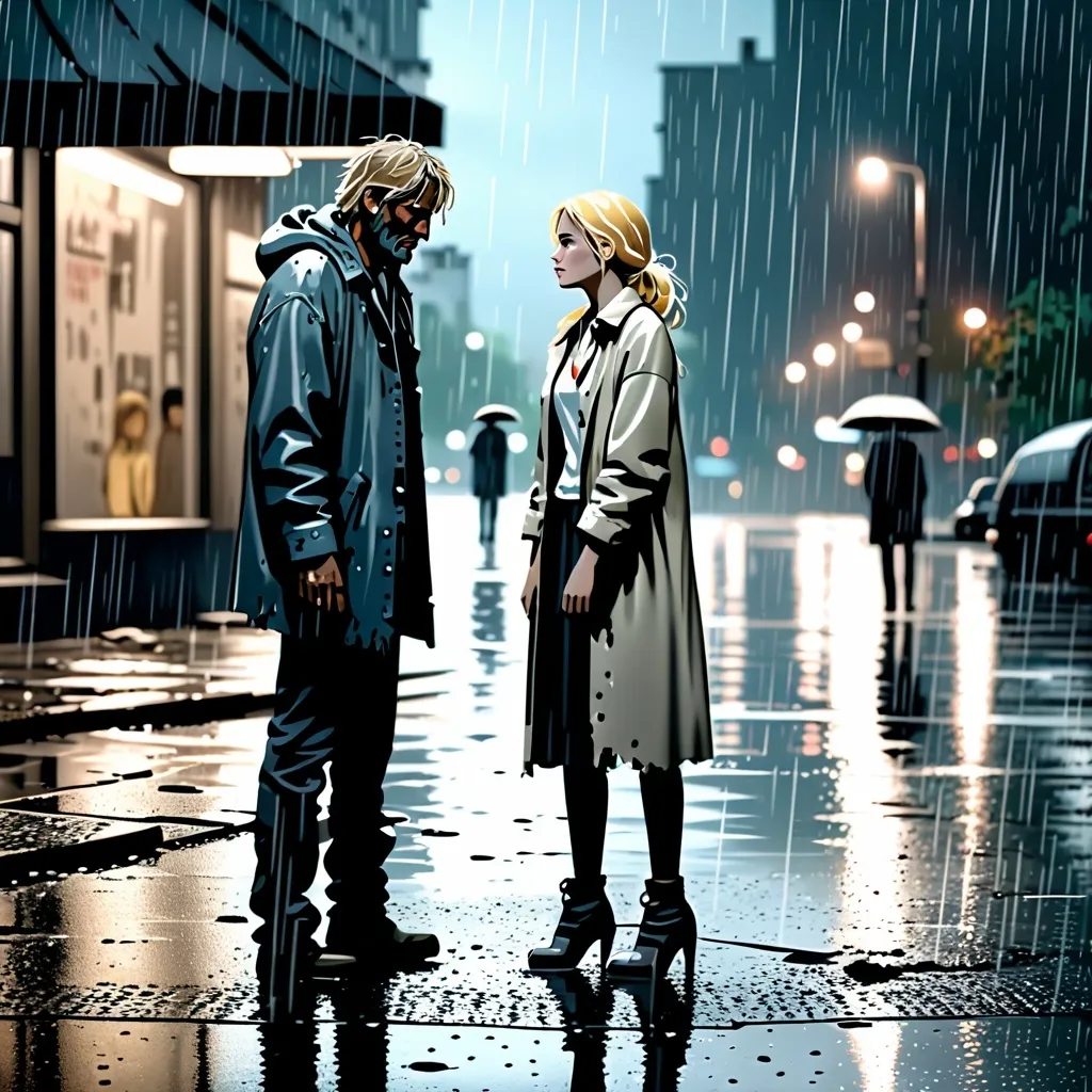 Prompt: The blonde, well-dressed lady and the homeless man in torn clothes, looking at each other in the rain.