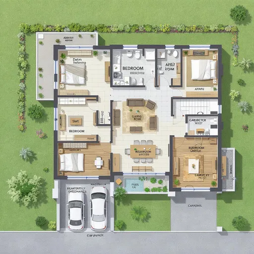 Prompt: give me ground plans for 1000 sq meters three bed rooms one wash room and kitchen and living room with the car porch