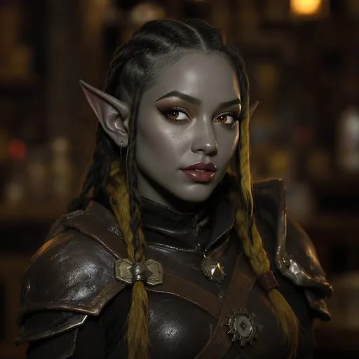 Prompt: A female rock gnome adventurer from Dungeons & Dragons with charcoal-gray skin and intricate black cornrow braids streaked with bright yellow highlights. She has strong, expressive features resembling Rosario Dawson, with warm brown eyes and a confident, battle-ready expression. She wears fitted dark leather armor with visible stitching and small gear-like trinkets hinting at a tinker’s background. The scene has soft, dramatic lighting like fantasy portrait art from an RPG manual, with a blurred tavern background, highly detailed, fantasy realism, cinematic lighting, D&D character concept art, 4k, ultra-realistic texture. ful lbody