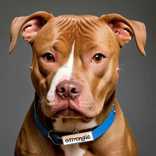 Prompt: brown pitbull dog with name tag "strongie"