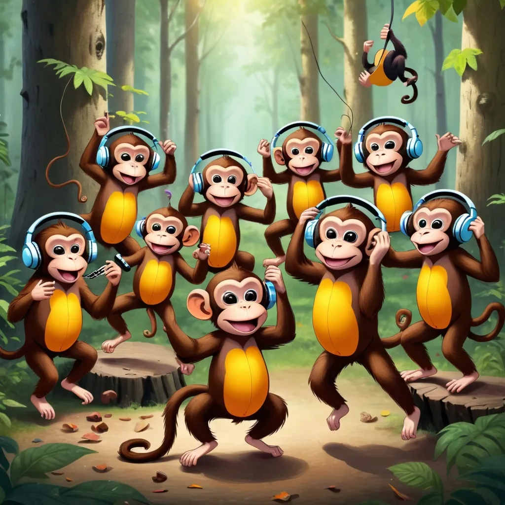 Prompt: A collection of monkeys listening to music in the forest dancing