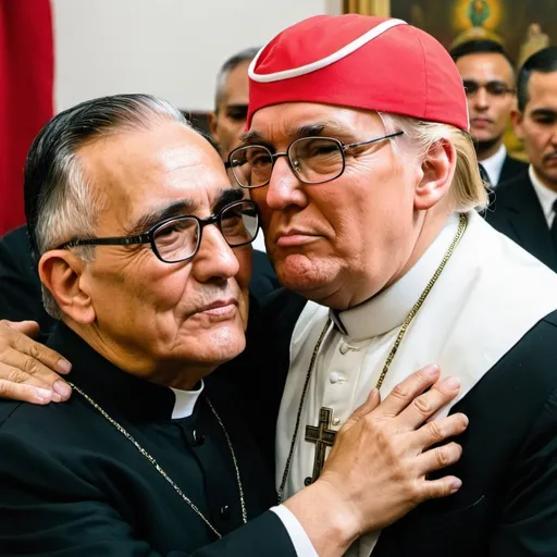 Prompt: Donald Trump cuddling Monsenor Romero