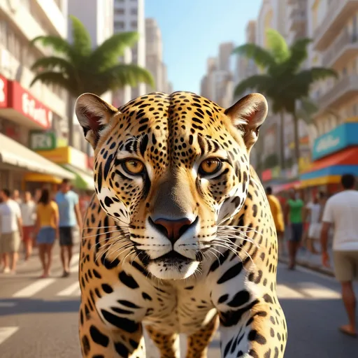 Prompt: (natural photorealistic portrait tall adult and strong jaguar pearcing eyes walking down the copacabana high street), realistic, urban jungle alive with (vibrant street activity), modern rio de janeiro setting, warm tones, natural lighting, soft shadows, lively atmosphere, detailed 3D effect, encapsulating the essence of samba city life, full-body portrait, high resolution 4K, trendy style amidst bustling urban landscape, brazilian flags flying,  dynamic energy, showcasing (captivating surrounding buildings and pedestrians).