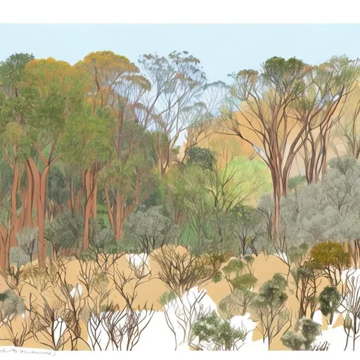 Prompt: A landscape of a Jarrah/Banksia woodland in January sketch