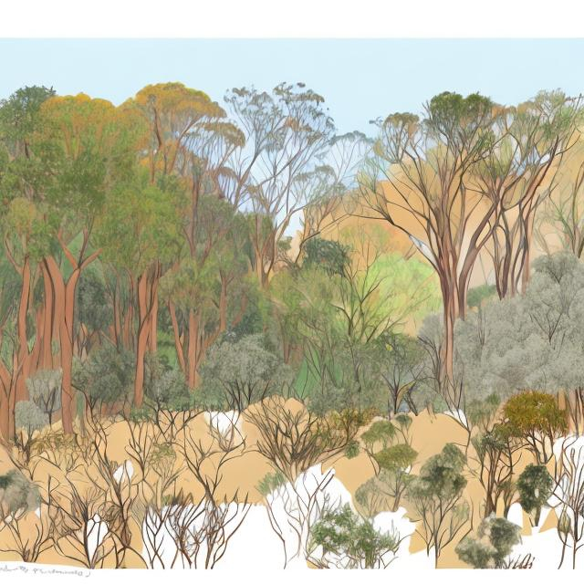 Prompt: A landscape of a Jarrah/Banksia woodland in January sketch