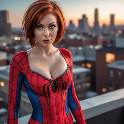 Prompt: Create a highly detailed AI defined image of a highly detailed beautifully stunning ultra cute adult finely detailed fantasy American woman, massive cleavage, short red hair, wearing an alluring enticing skin tight Amazing Spider Man costume, standing on a city roof top, 

Award winning magazine image, cinematic lighting and scale, super detailed, 64k, high quality perfect lighting,