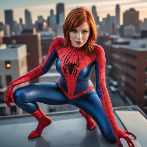 Prompt: Create a highly detailed AI defined image of a highly detailed beautifully stunning ultra cute adult finely detailed fantasy American woman, massive cleavage, short red hair, wearing an alluring enticing skin tight Amazing Spider Man costume, standing on a city roof top, 

Award winning magazine image, cinematic lighting and scale, super detailed, 64k, high quality perfect lighting,