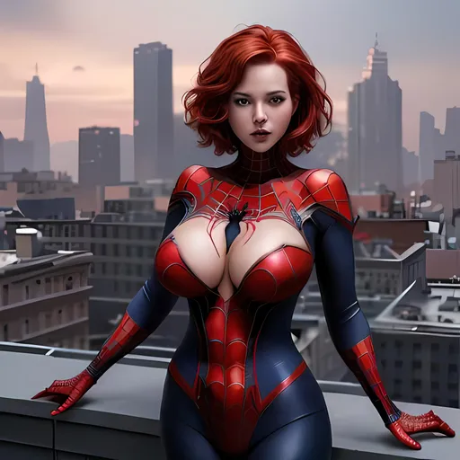 Prompt: Create a highly detailed AI defined image of a highly detailed beautifully stunning ultra cute adult finely detailed fantasy American woman, massive cleavage, short red hair, wearing an alluring enticing skin tight Amazing Spider Man costume, standing on a city roof top, 

Award winning magazine image, cinematic lighting and scale, super detailed, 64k, high quality perfect lighting,