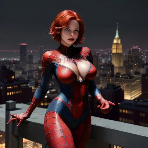 Prompt: Create a highly detailed AI defined image of a highly detailed beautifully stunning ultra cute adult finely detailed fantasy American woman, massive cleavage, short red hair, wearing an alluring enticing skin tight Amazing Spider Man costume, standing on a city roof top, 

Award winning magazine image, cinematic lighting and scale, super detailed, 64k, high quality perfect lighting,