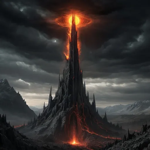 Prompt: barad dur the tower of mordor with a glowing eye thin vertical pupil, in the center of a mountain range with a fireball in the sky,