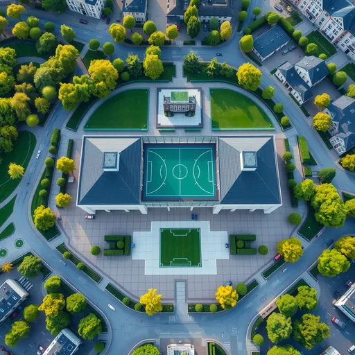 Prompt: A very big and sporty school in Frankfurt bird eye view