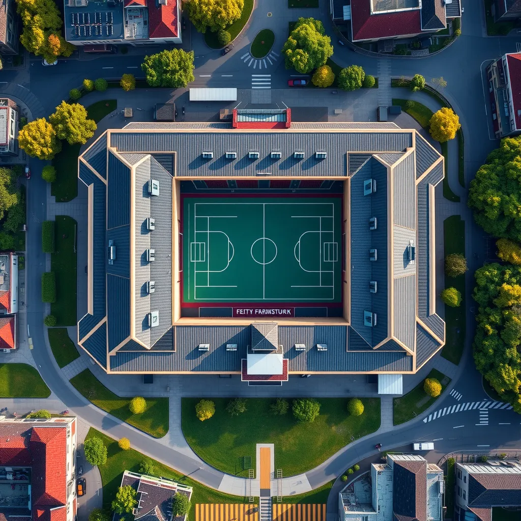 Prompt: A very big and sporty school in Frankfurt bird eye view