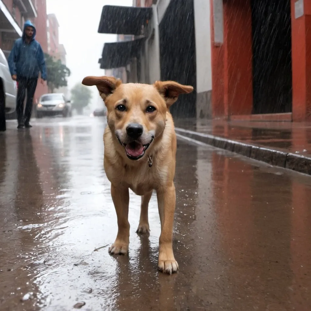 Prompt: un perro callejero mirando con ternura bajo la lluvia